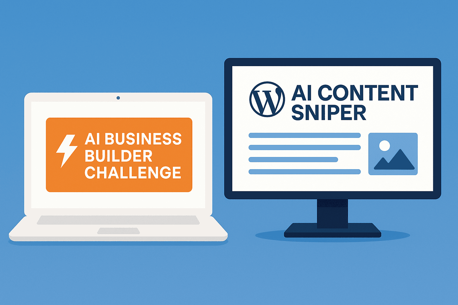 Illustration of two computer screens showing the AI Business Builder Challenge on a laptop and AI Content Sniper plugin on a desktop monitor, representing beginner-friendly AI income tools.