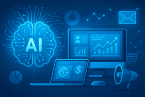 Digital illustration showing artificial intelligence powering a modern online business — circuits, graphs, and tech icons blending with digital marketing elements